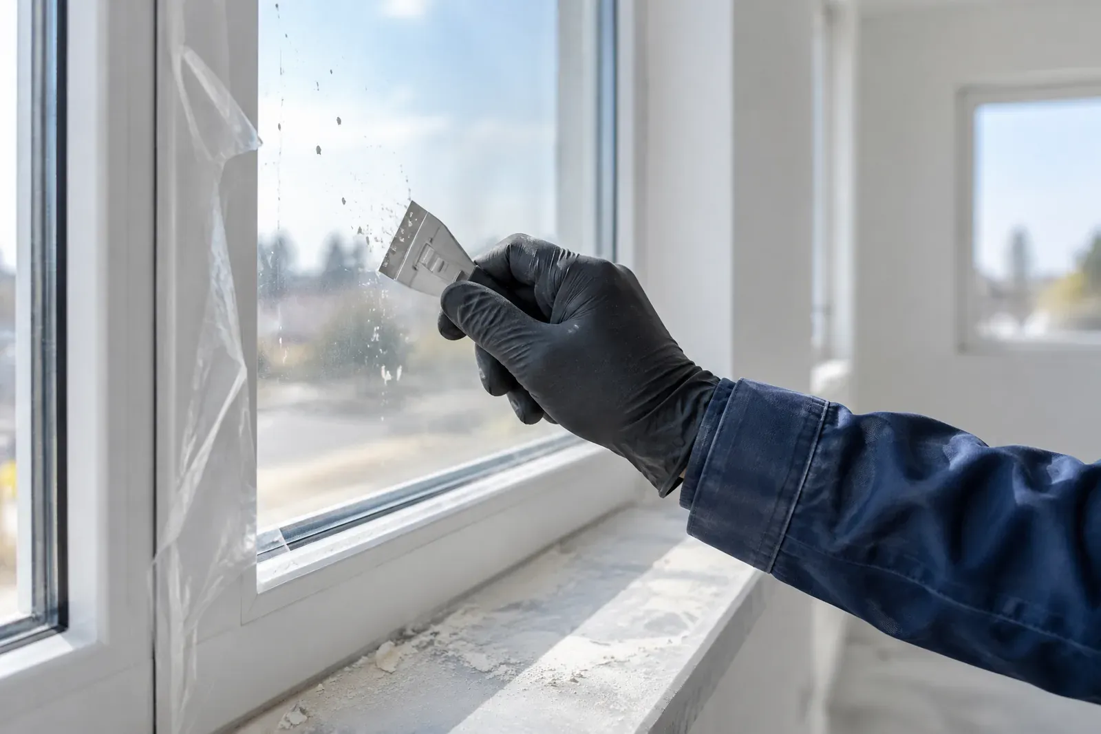 Symbolbild: Farbspritzer werden mit einem Glasschaber von einem neuen Fenster entfernt