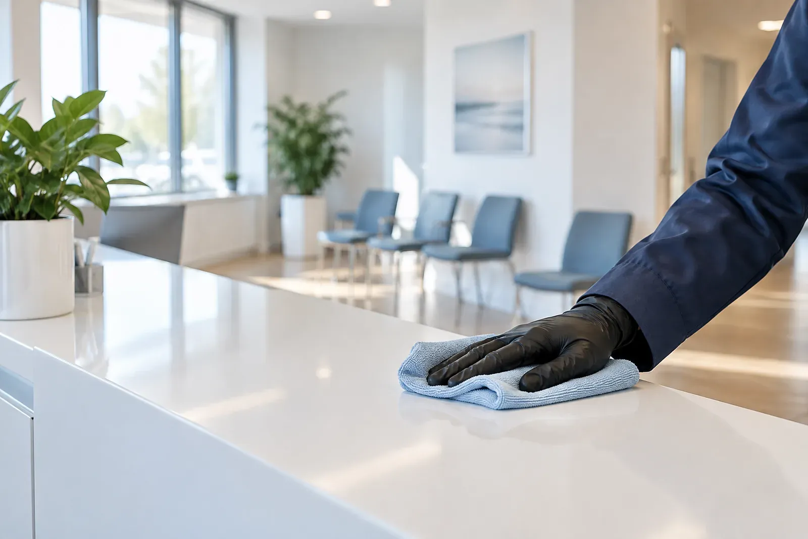Symbolbild: Hand in schwarzem Handschuh desinfiziert den Empfangstresen einer Arztpraxis