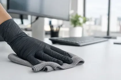 Nahaufnahme: Schreibtisch wird mit einem Mikrofasertuch abgewischt