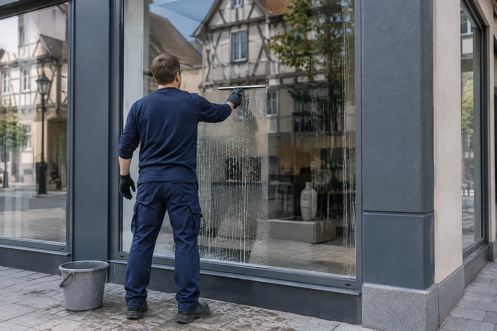 Symbolbild: Fensterreiniger zieht ein Schaufenster im Erdgeschoss mit dem Abzieher ab