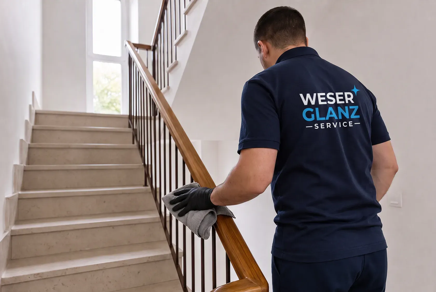 Gepflegtes, helles Treppenhaus mit Geländer