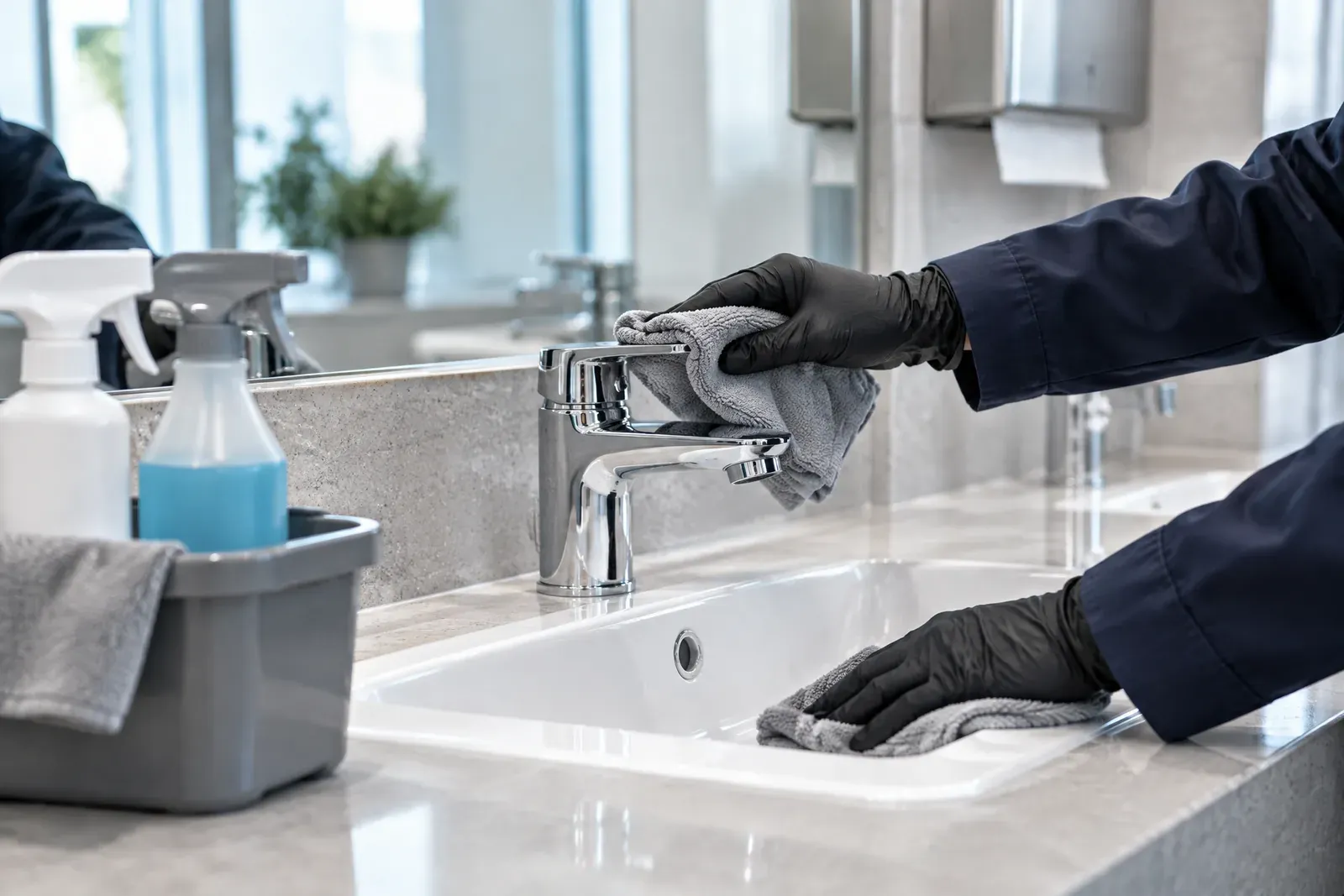 Symbolbild: Hände in schwarzen Handschuhen reinigen Waschbecken und Armatur in einem Büro-Waschraum