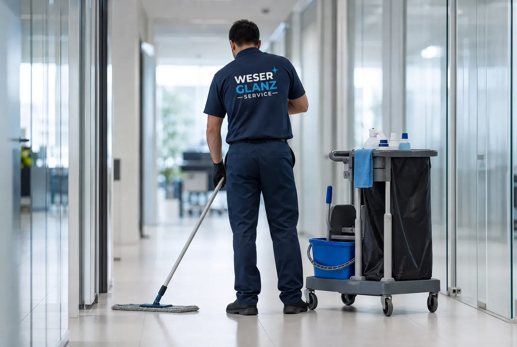 Reinigungskraft wischt einen Glasflur mit Mopp und Reinigungswagen